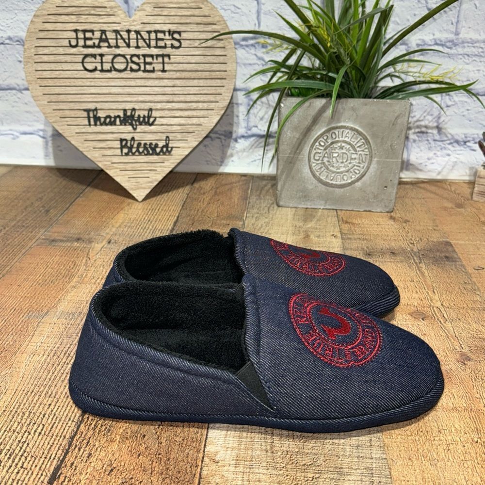 Men's True Religion Brand Jeans Blue Denim Red Logo Slippers Sz L 11/12
